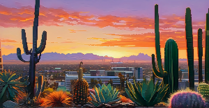 A beautiful sunset over the skyline of Phoenix with colorful skies and desert plants in the foreground.