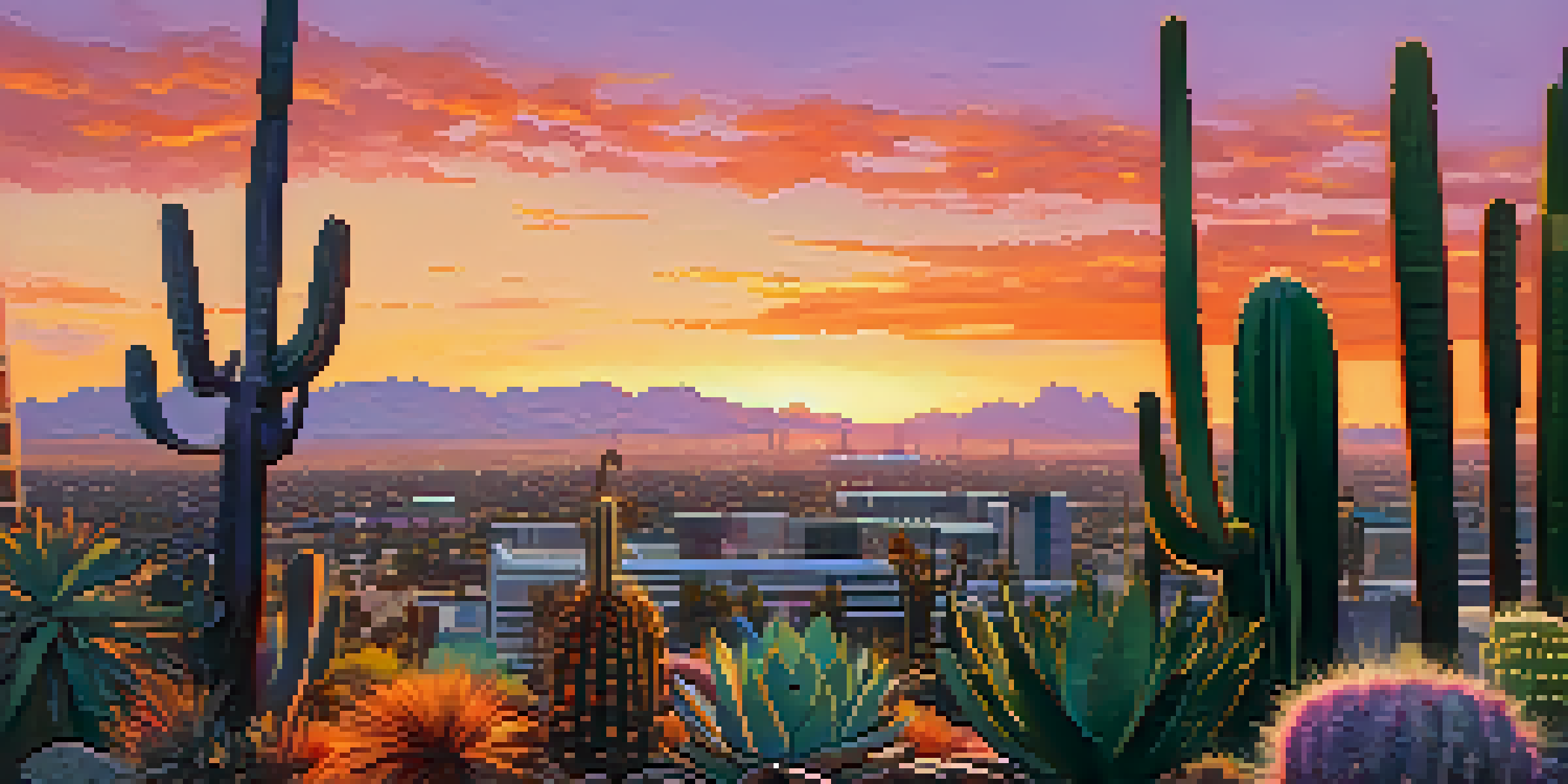 A beautiful sunset over the skyline of Phoenix with colorful skies and desert plants in the foreground.