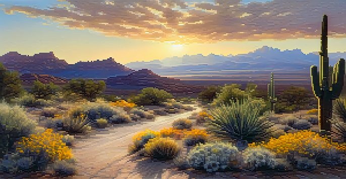 A picturesque winding road through the Arizona desert under a clear sky, with wildflowers in the foreground and distant mountains.