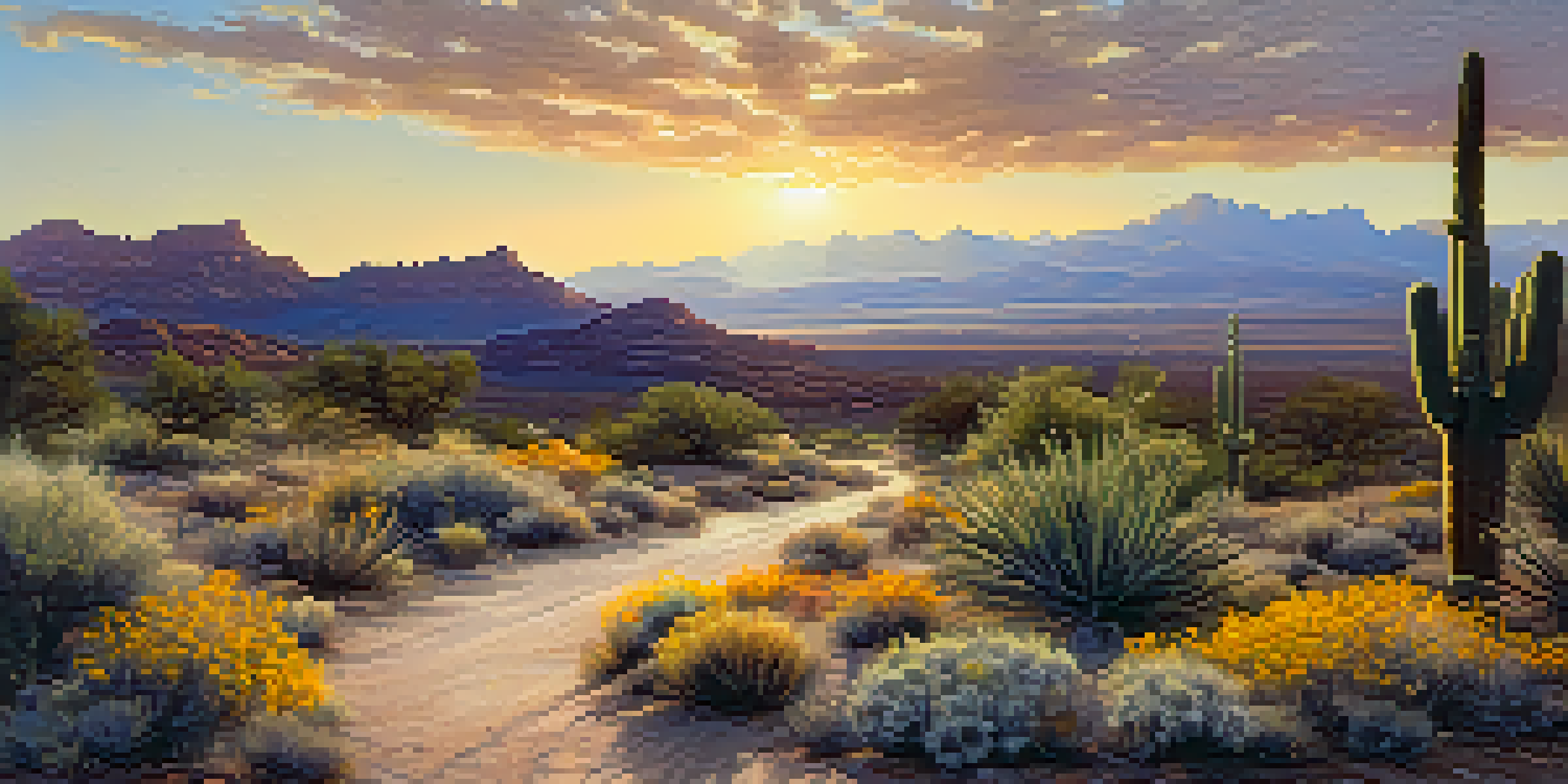 A picturesque winding road through the Arizona desert under a clear sky, with wildflowers in the foreground and distant mountains.