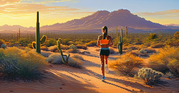 A runner stretching in the desert at sunrise, surrounded by cacti and vibrant colors in the sky.