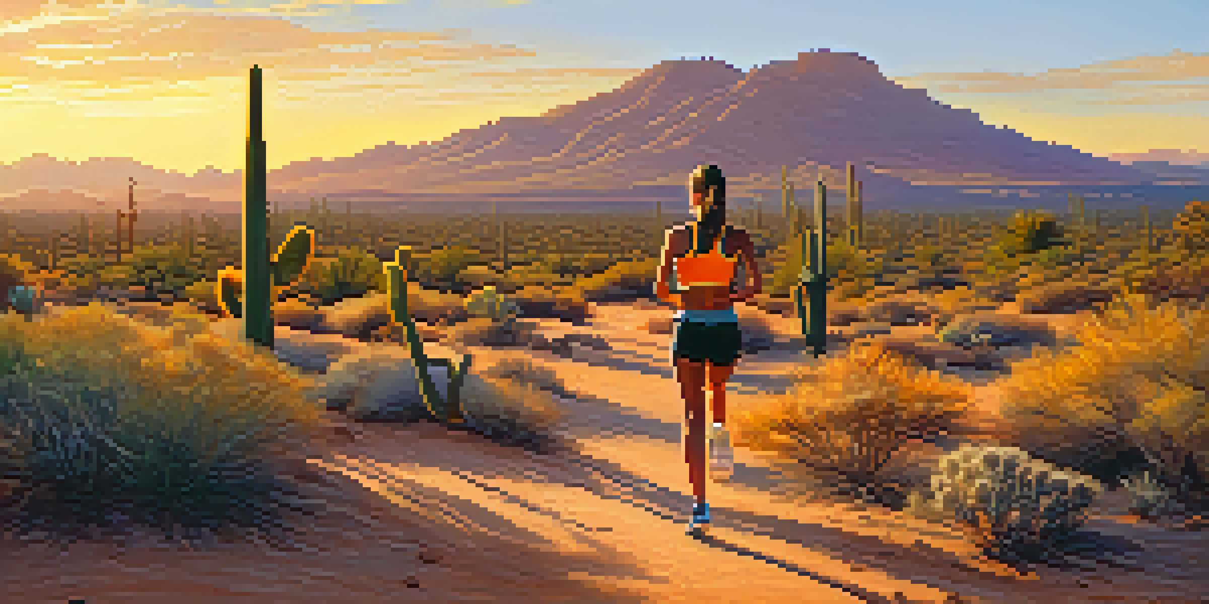 A runner stretching in the desert at sunrise, surrounded by cacti and vibrant colors in the sky.