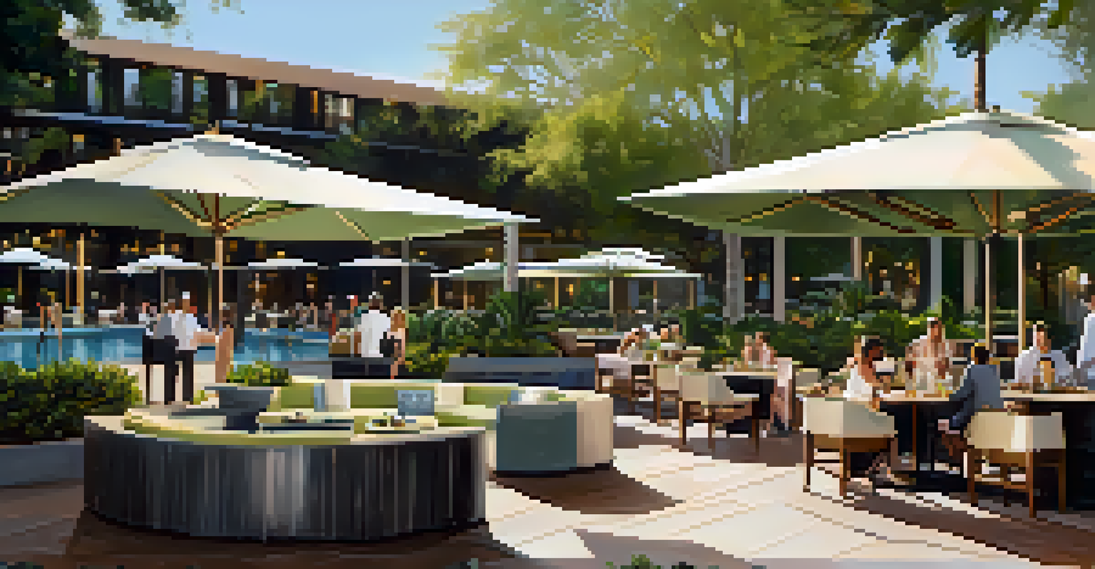 The stylish outdoor Onyx Bar at The Scott Resort & Spa, with guests enjoying cocktails by the pool amid lush landscaping.