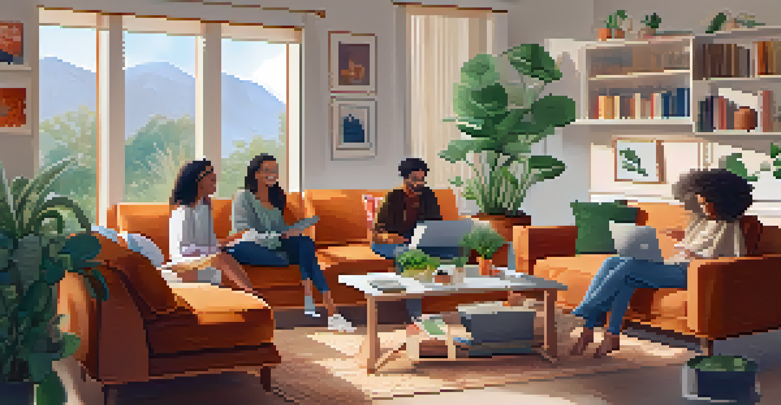 A group of friends sitting in a cozy living room, engaging in an online community forum on a laptop with snacks and plants around.