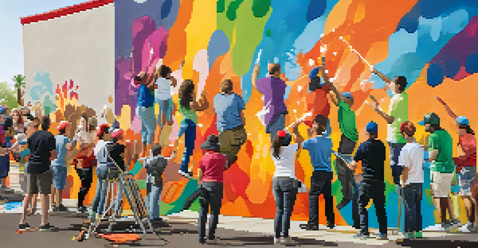 A public art event with local artists collaboratively painting a mural, showcasing community spirit and creativity.