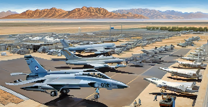 A wide view of Davis-Monthan Air Force Base with retired military aircraft in the Aircraft Boneyard against a clear blue sky and mountains in the background.