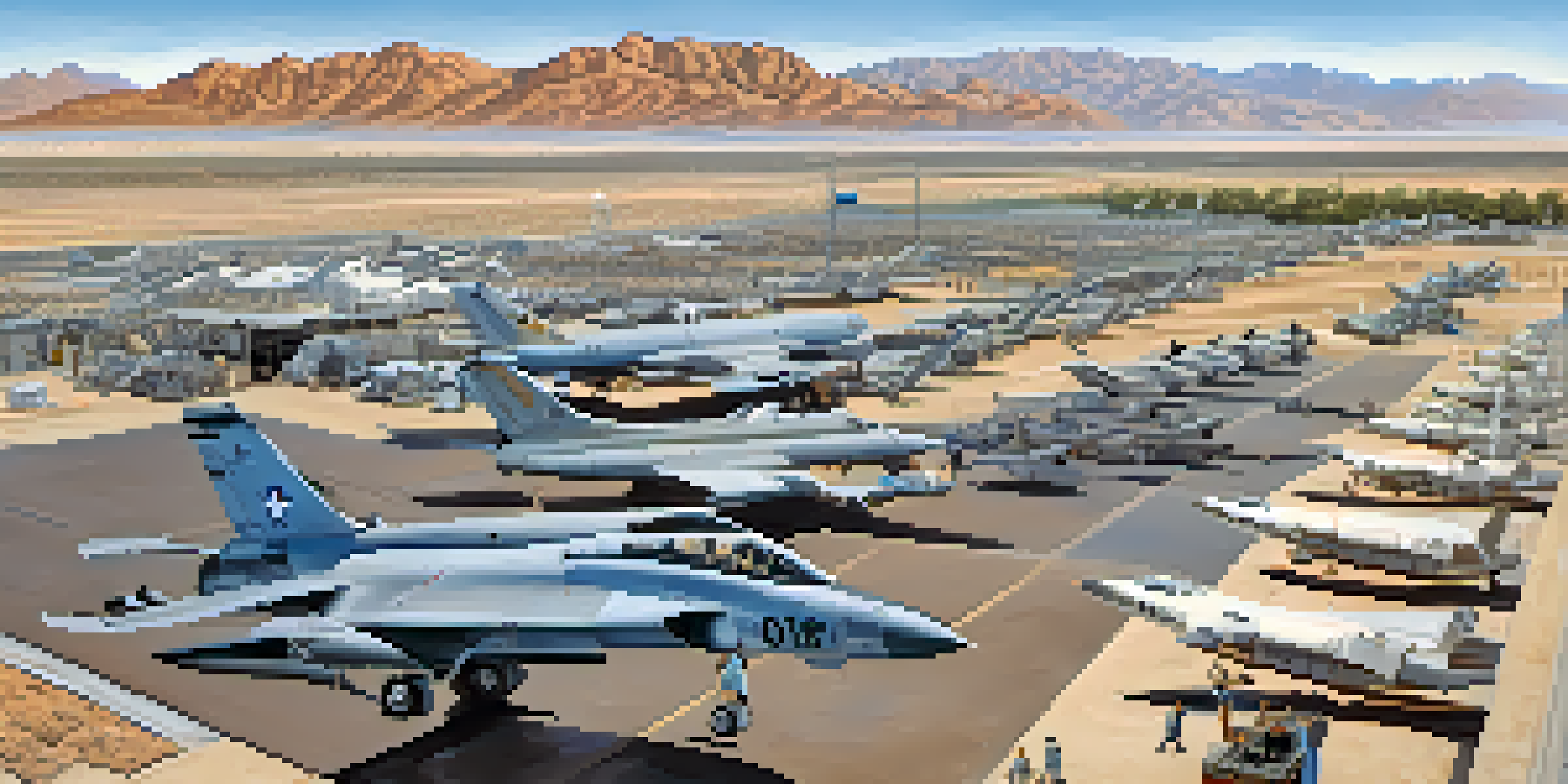 A wide view of Davis-Monthan Air Force Base with retired military aircraft in the Aircraft Boneyard against a clear blue sky and mountains in the background.