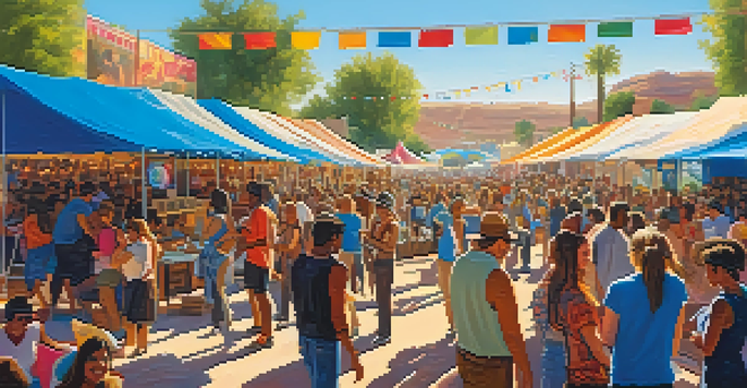 A vibrant outdoor music festival in Phoenix with a diverse crowd enjoying performances, colorful tents, and food stalls under a clear blue sky.