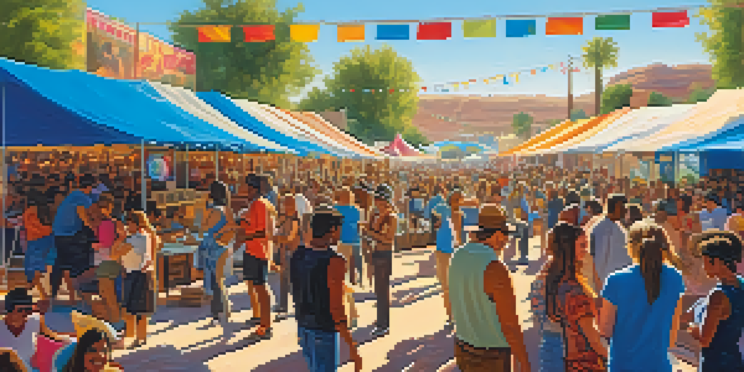 A vibrant outdoor music festival in Phoenix with a diverse crowd enjoying performances, colorful tents, and food stalls under a clear blue sky.