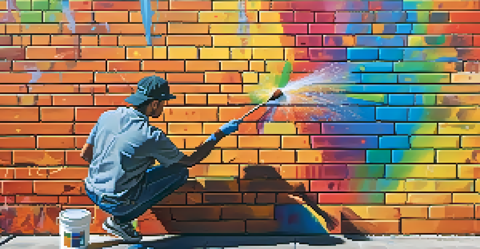 An artist in the process of painting a vibrant mural on a brick wall, with colorful paint splatters and tools nearby.
