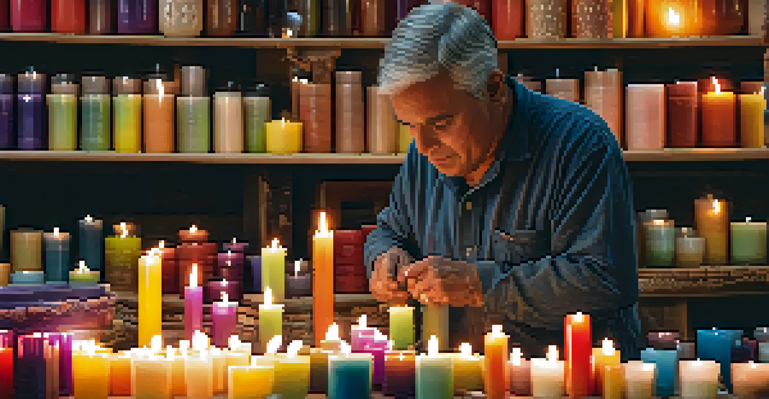 An artisan creating handcrafted candles at a craft market, with vibrant candle designs and warm lighting.