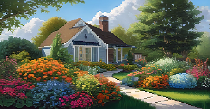 A garden showcasing a rainwater harvesting system with a rain barrel and native plants, illuminated by warm sunlight under a blue sky.