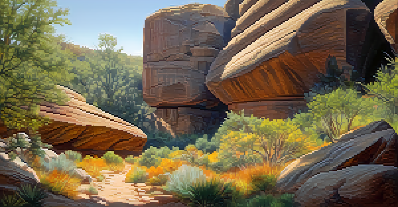 A sacred Native American site showcasing intricate rock formations and vibrant vegetation, with sunlight filtering through trees and small offerings placed around.