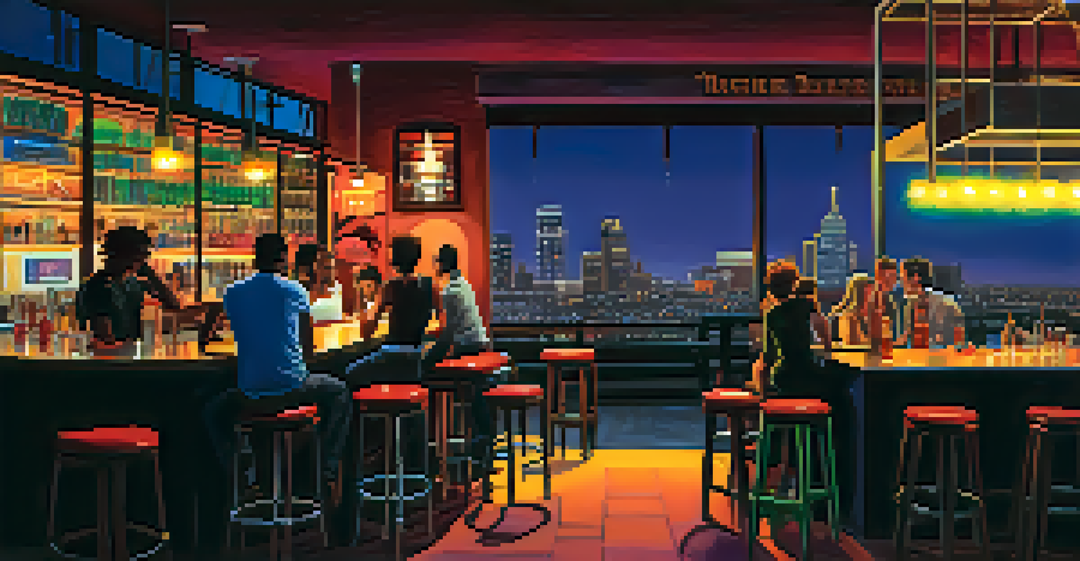 A nighttime scene in Downtown Phoenix with illuminated streets, people socializing outside a bar, and high-rise buildings glowing in the background.