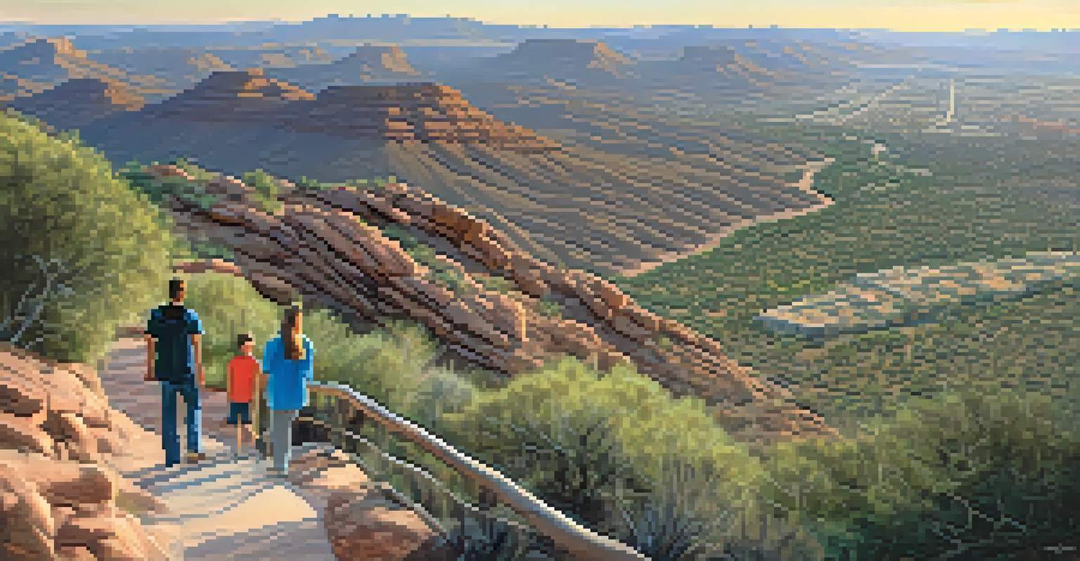 A peaceful hiking trail at Lookout Mountain with views of the city and desert, bathed in soft evening light.