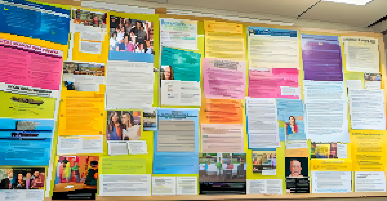 A community bulletin board displaying announcements for local support groups, surrounded by individuals reading the information in a bright setting.