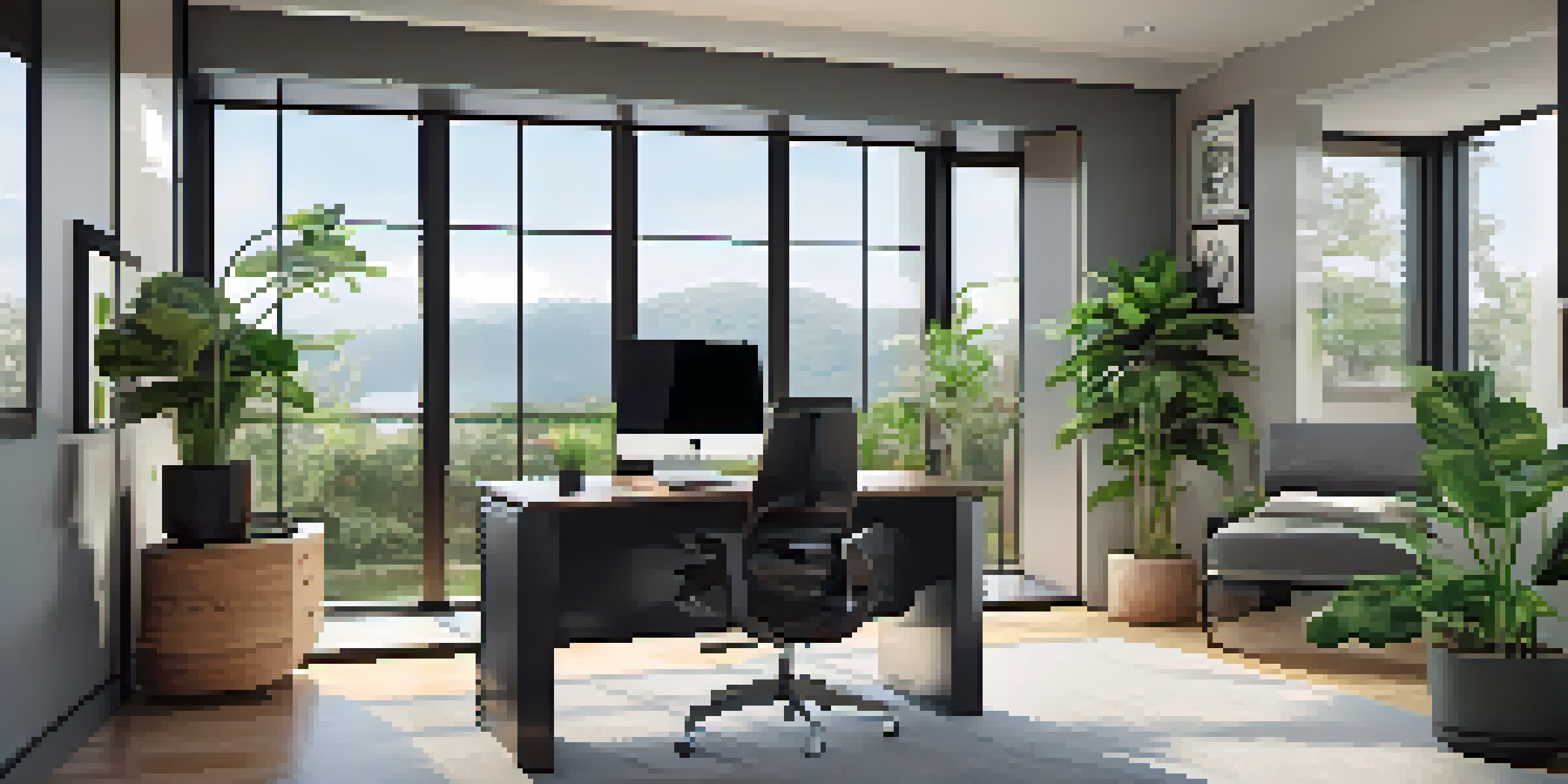 A bright and modern home office with a sleek desk, ergonomic chair, and plants, designed for remote work.