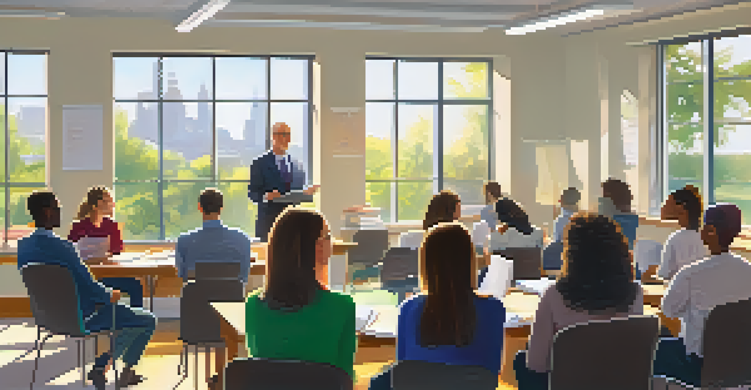 A public speaking workshop in a classroom with participants actively engaging and taking notes while an instructor demonstrates.