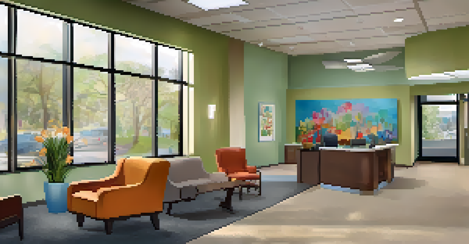 A cozy waiting area in a community mental health center with comfortable seating and warm lighting.