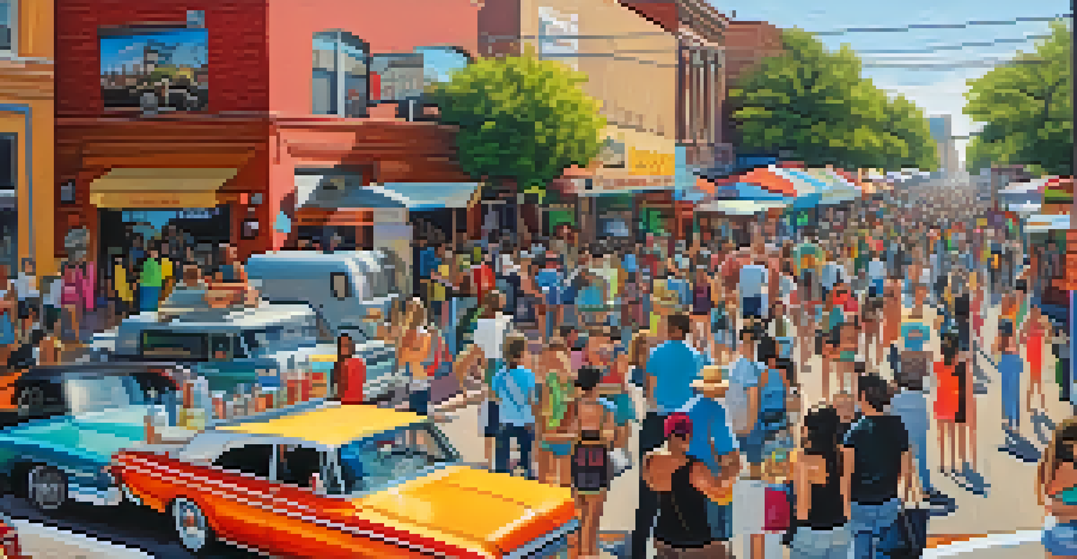 A vibrant street scene in Roosevelt Row featuring colorful murals, people at an art walk, and food trucks.