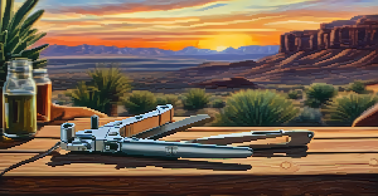 A multi-tool on a wooden table with a sunset in the background, highlighting its various functions.