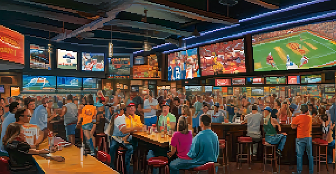 A bustling sports bar in Downtown Phoenix filled with cheering fans, large screens displaying a game, and tables with food and drinks.