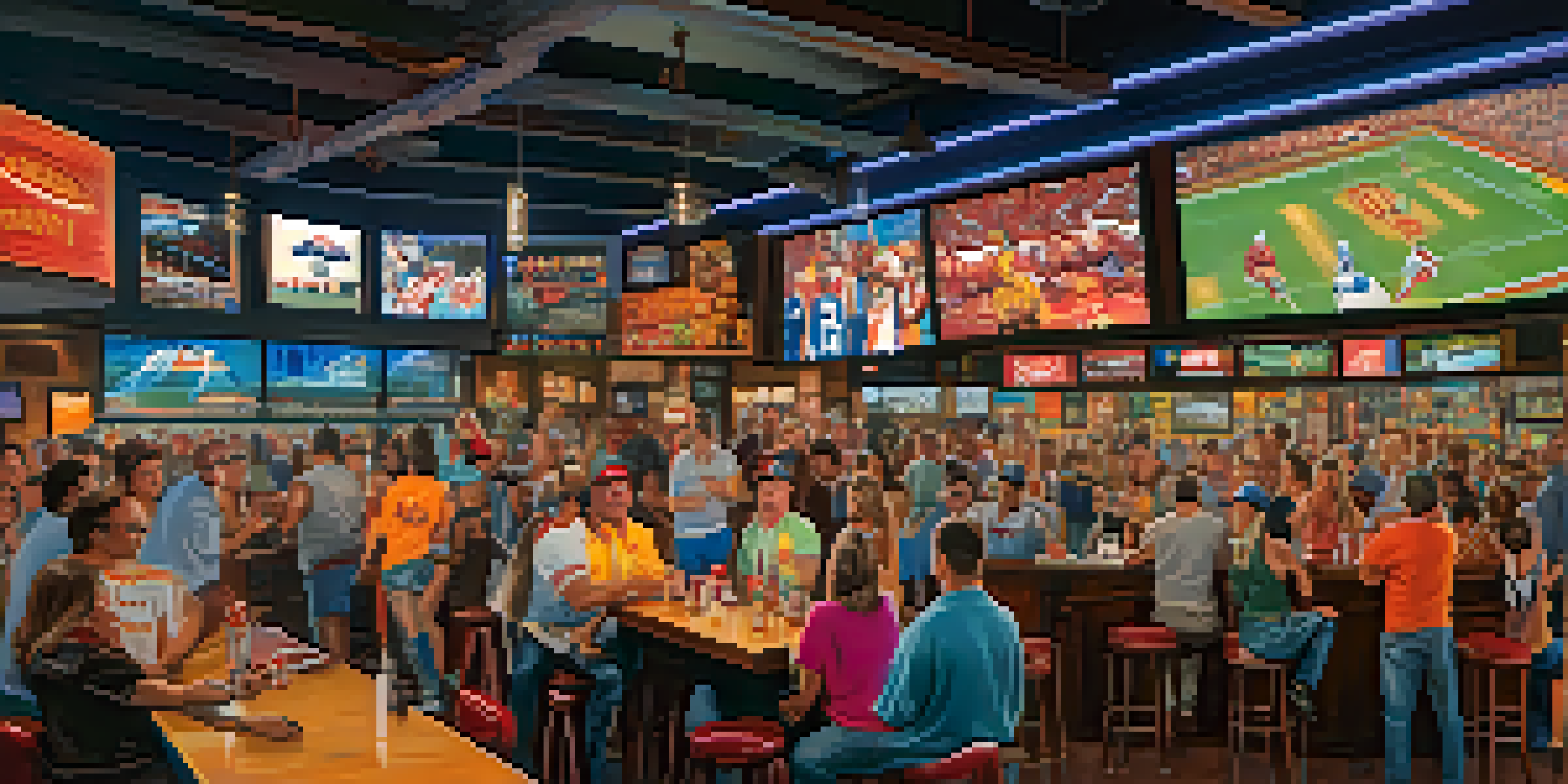 A bustling sports bar in Downtown Phoenix filled with cheering fans, large screens displaying a game, and tables with food and drinks.