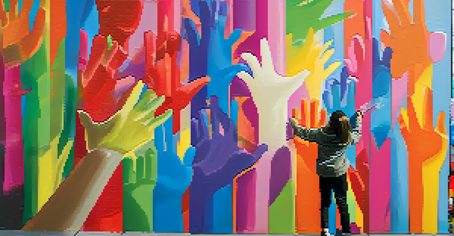Close-up of a young artist painting a colorful mural, highlighting their hands and the vibrant textures of the paint.