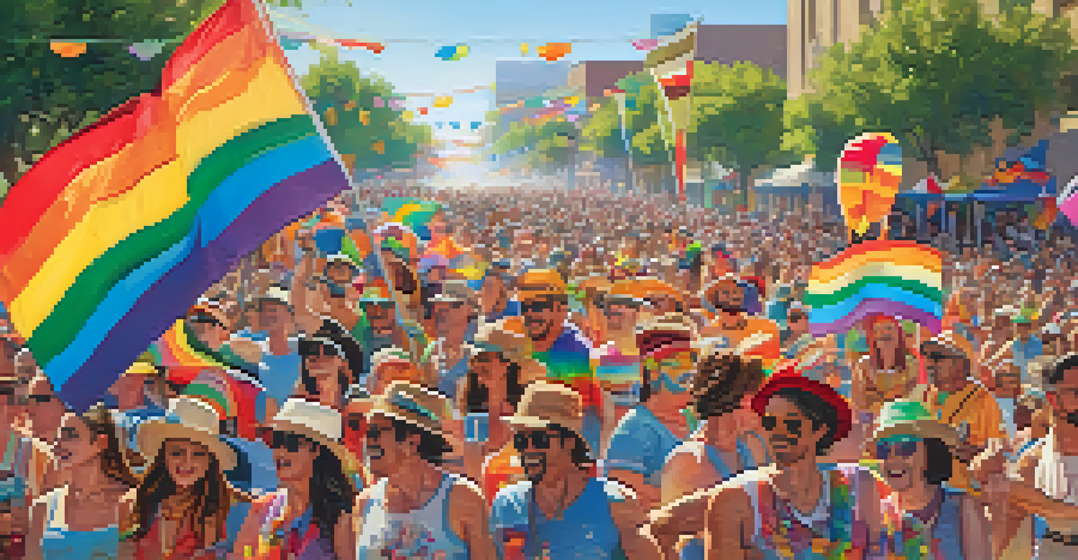 A colorful parade at the Phoenix Pride Festival with floats and attendees celebrating diversity and inclusivity.