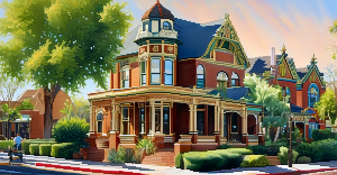 A sunny day at Heritage Square featuring Victorian style homes and visitors exploring the area.