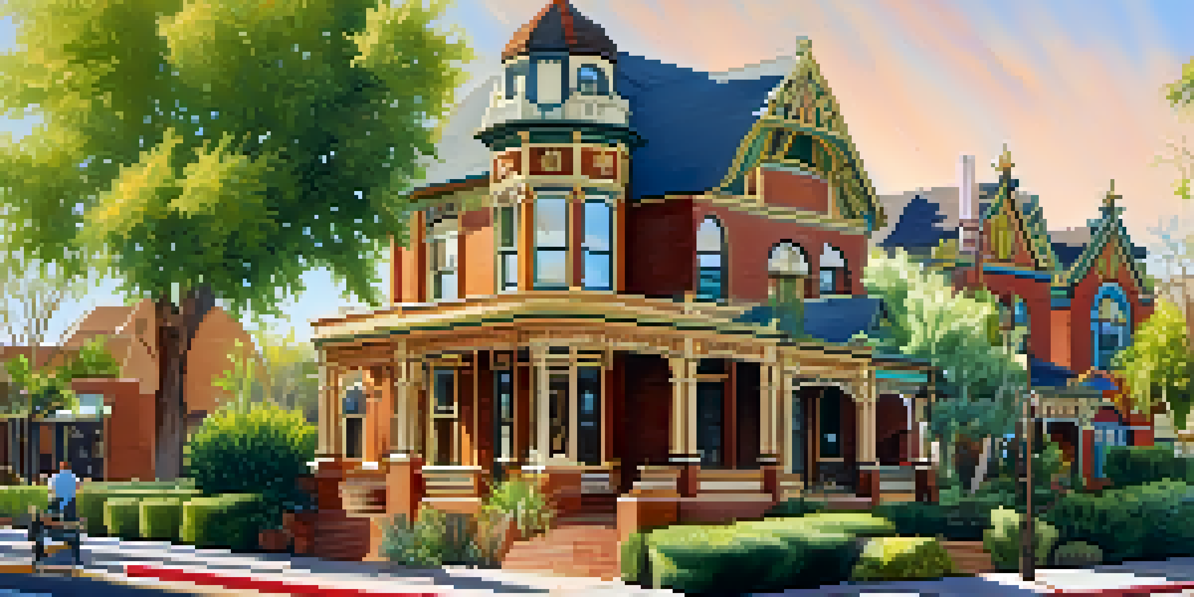 A sunny day at Heritage Square featuring Victorian style homes and visitors exploring the area.