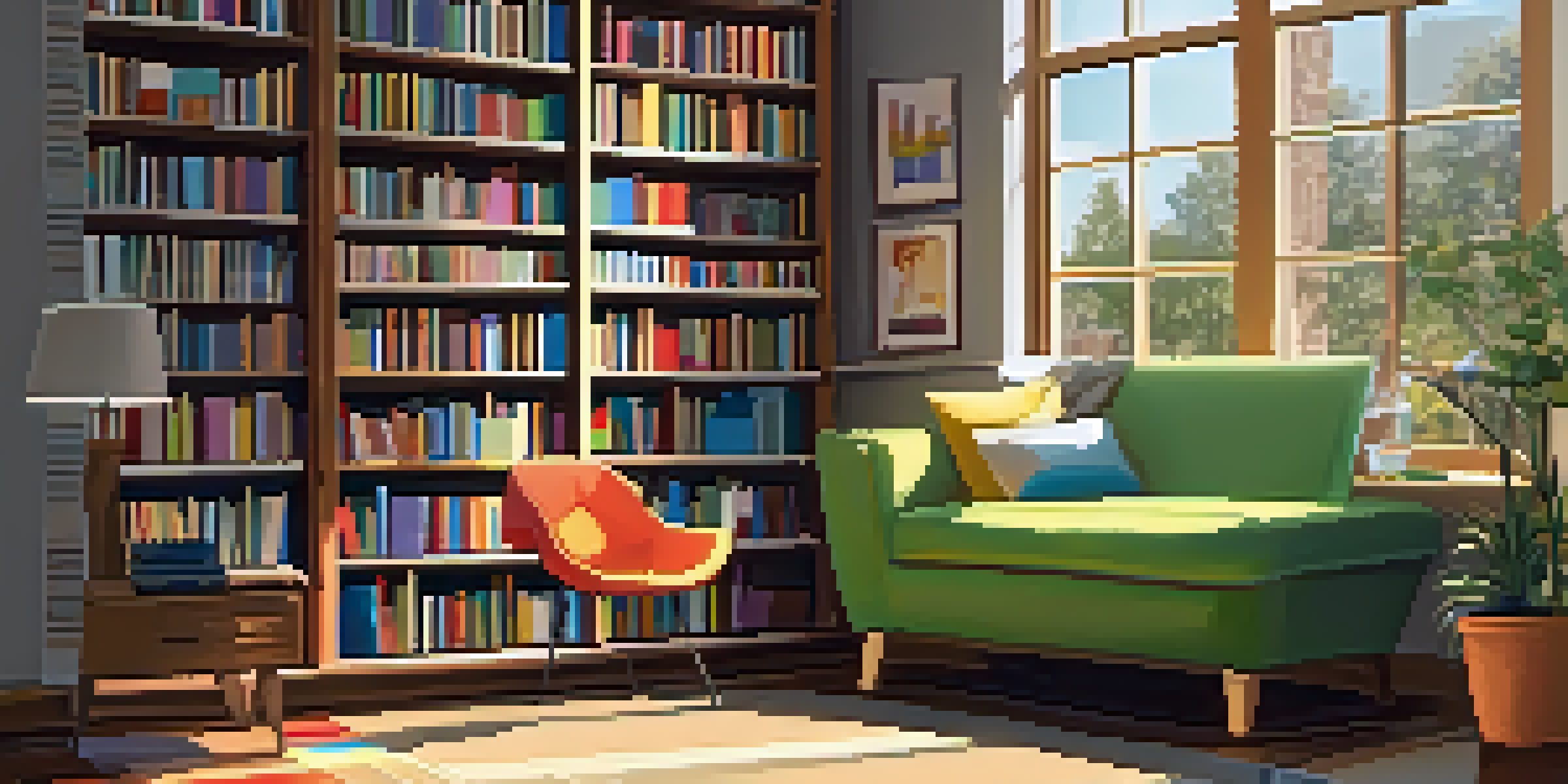 A cozy reading nook in a library with bookshelves, an armchair, and warm sunlight.