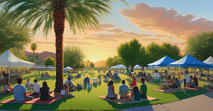 A peaceful park in Phoenix with palm trees and a sunset, where a diverse group of people participates in a community mental health awareness event.