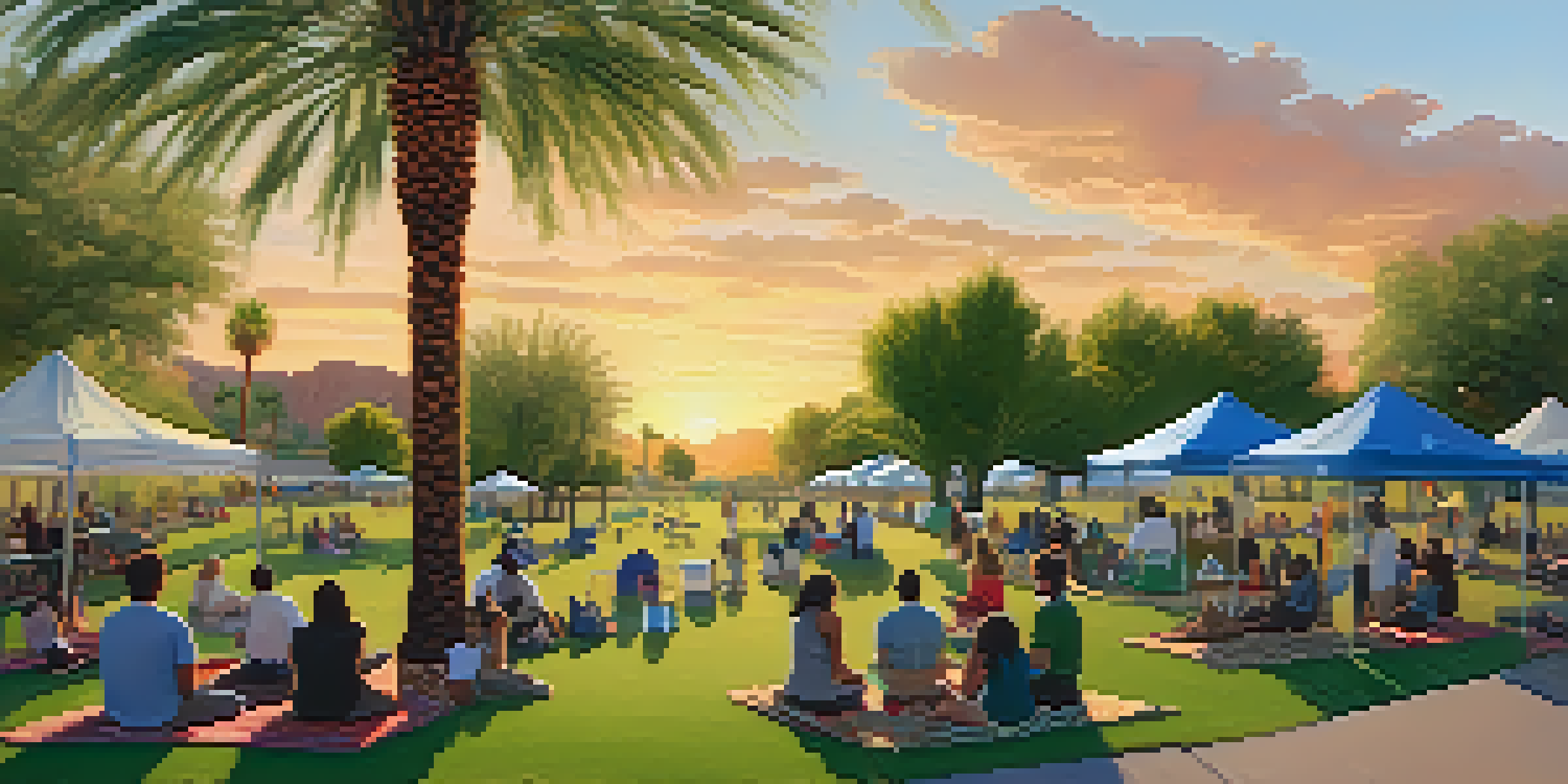 A peaceful park in Phoenix with palm trees and a sunset, where a diverse group of people participates in a community mental health awareness event.
