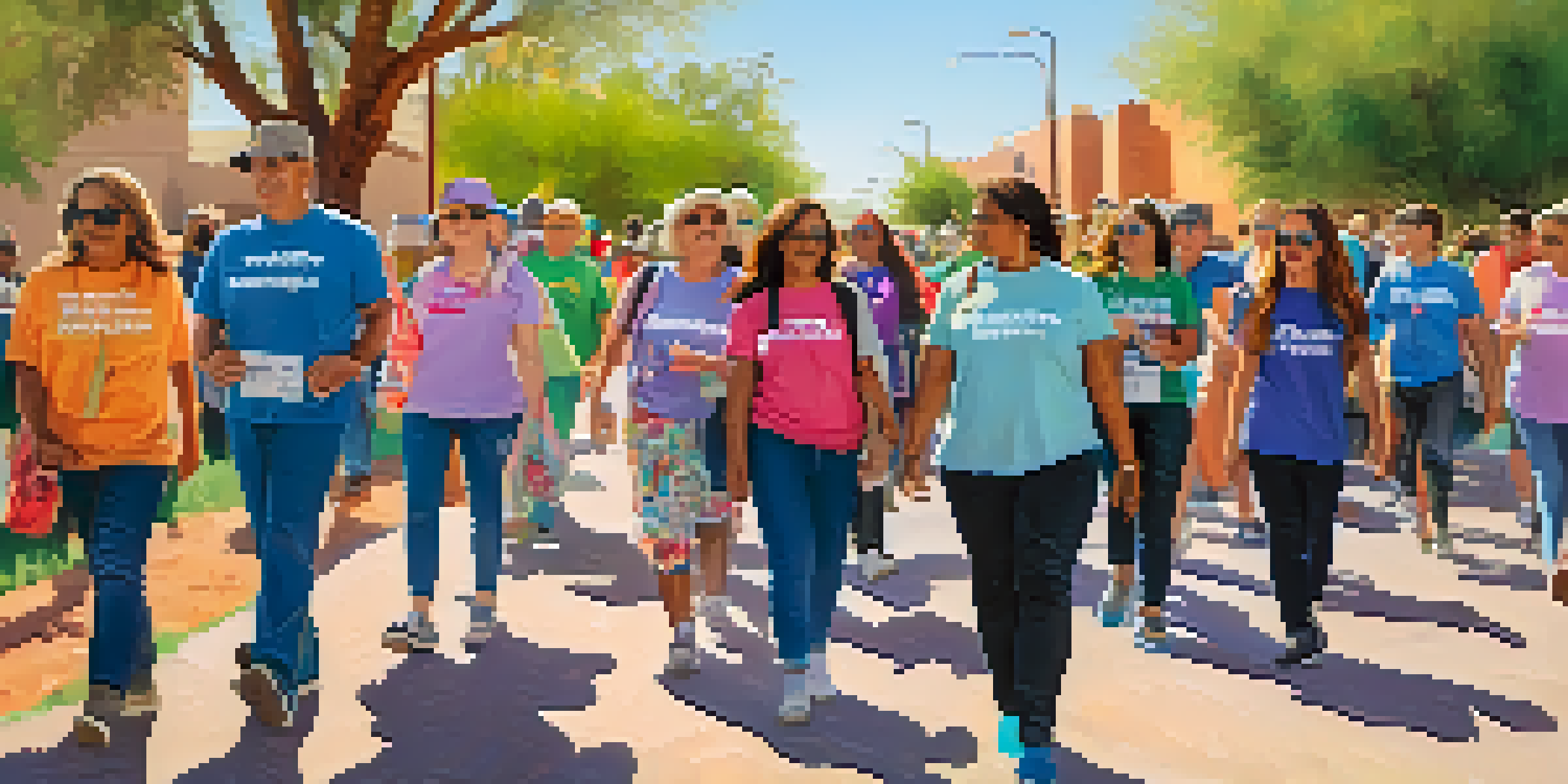 A diverse group of people participating in a community mental health walk, smiling and walking together under a sunny sky with colorful banners.