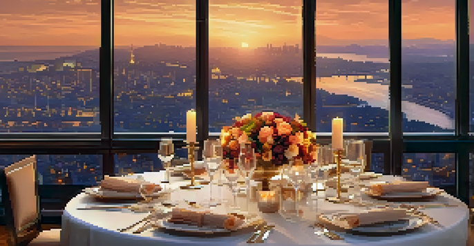 An elegantly set dining table with candles and flowers, overlooking a city skyline at sunset.