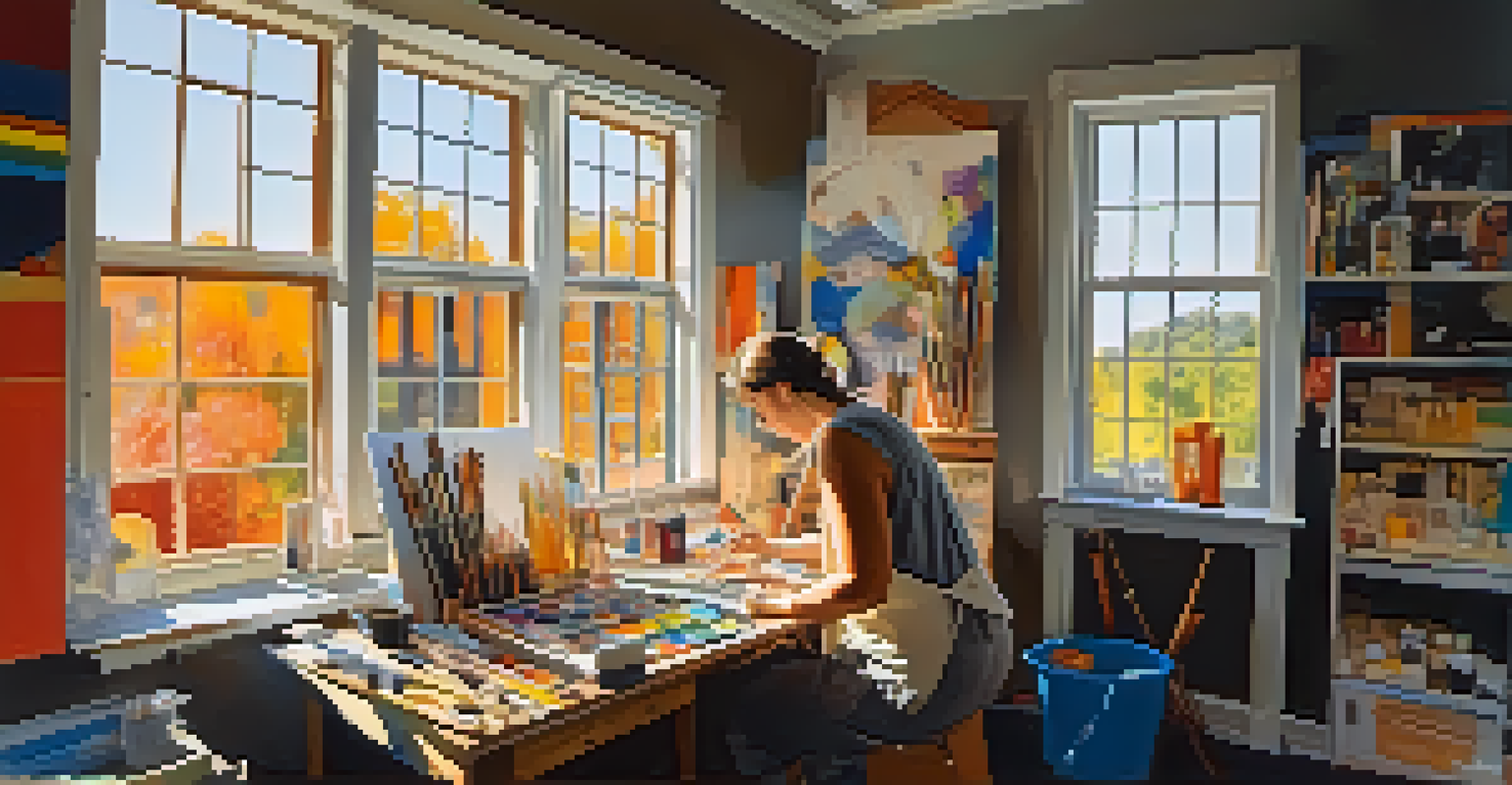An artist creating a mixed media artwork in a bright studio, surrounded by various materials and colorful pieces.