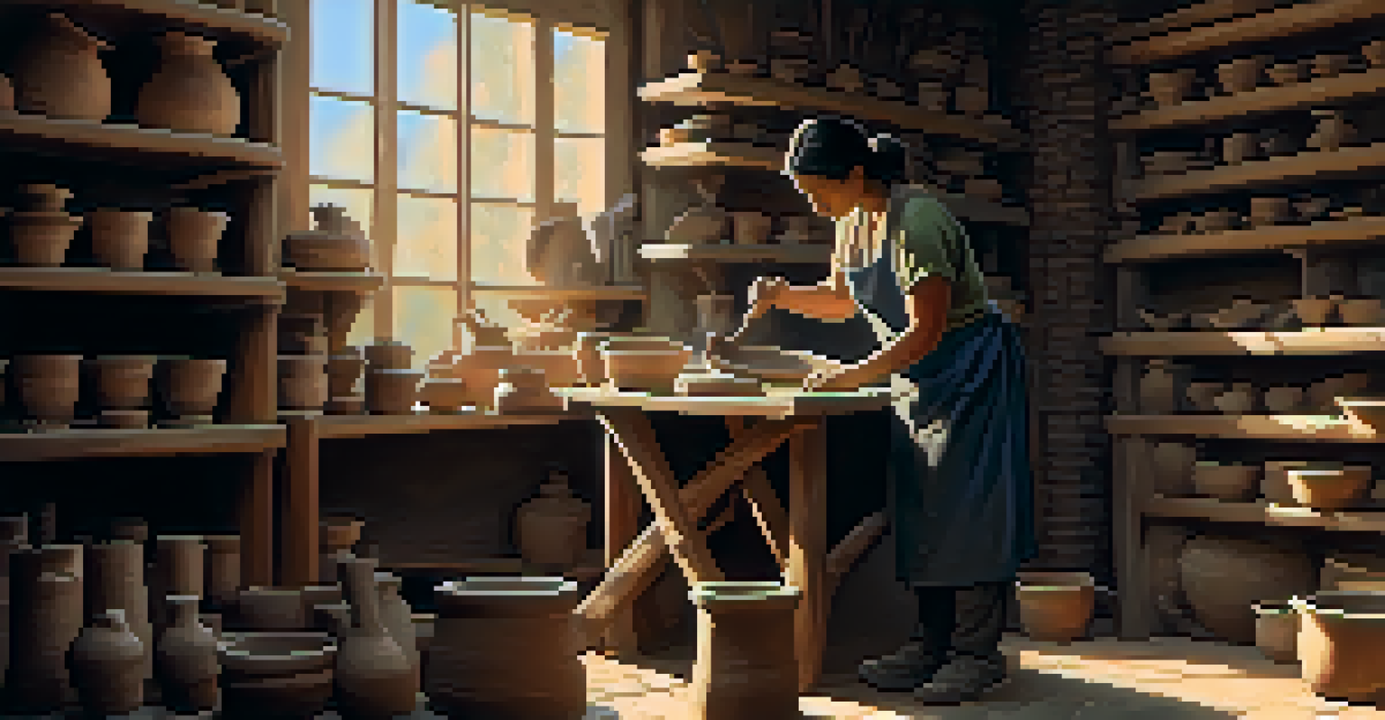 An artisan's workshop where a potter is shaping clay on a wheel, surrounded by tools, finished pottery, and natural light.