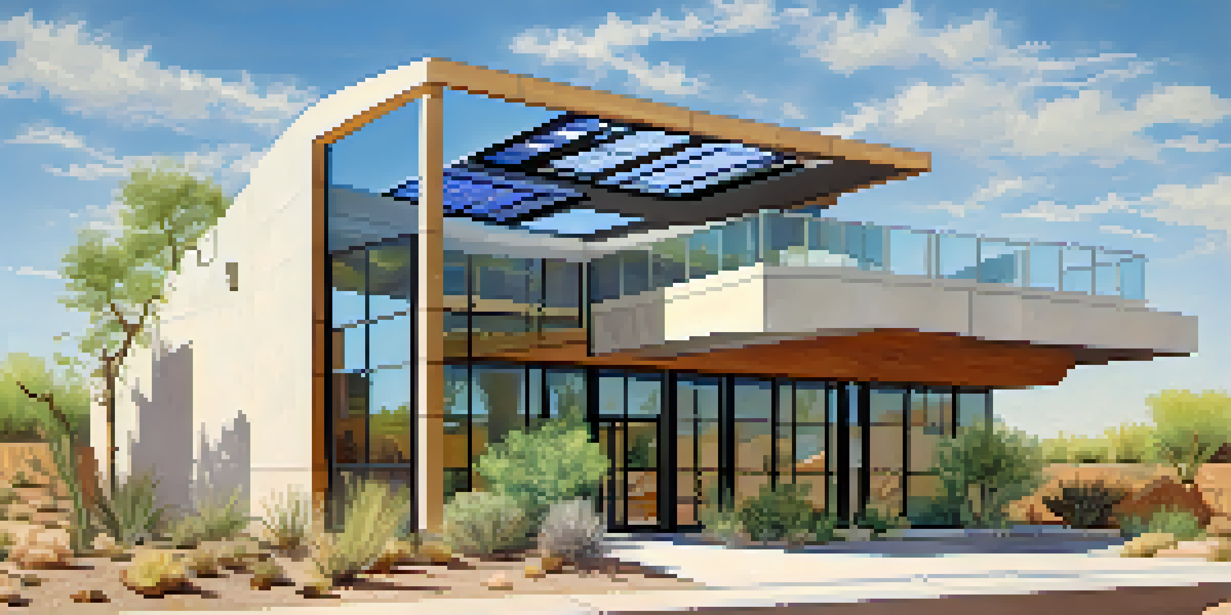 A sustainable building in a desert setting with solar panels and green landscaping.