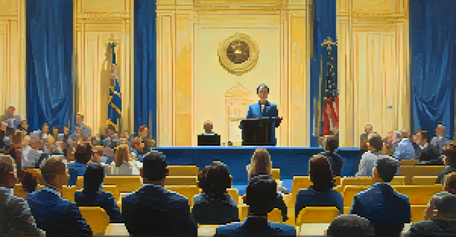 A confident speaker at a podium engaging an audience, with spotlighting creating a warm atmosphere.