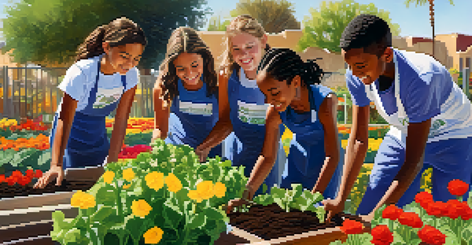 A group of diverse young people working together in a community garden, with flowers and vegetables around them, under a sunny sky.