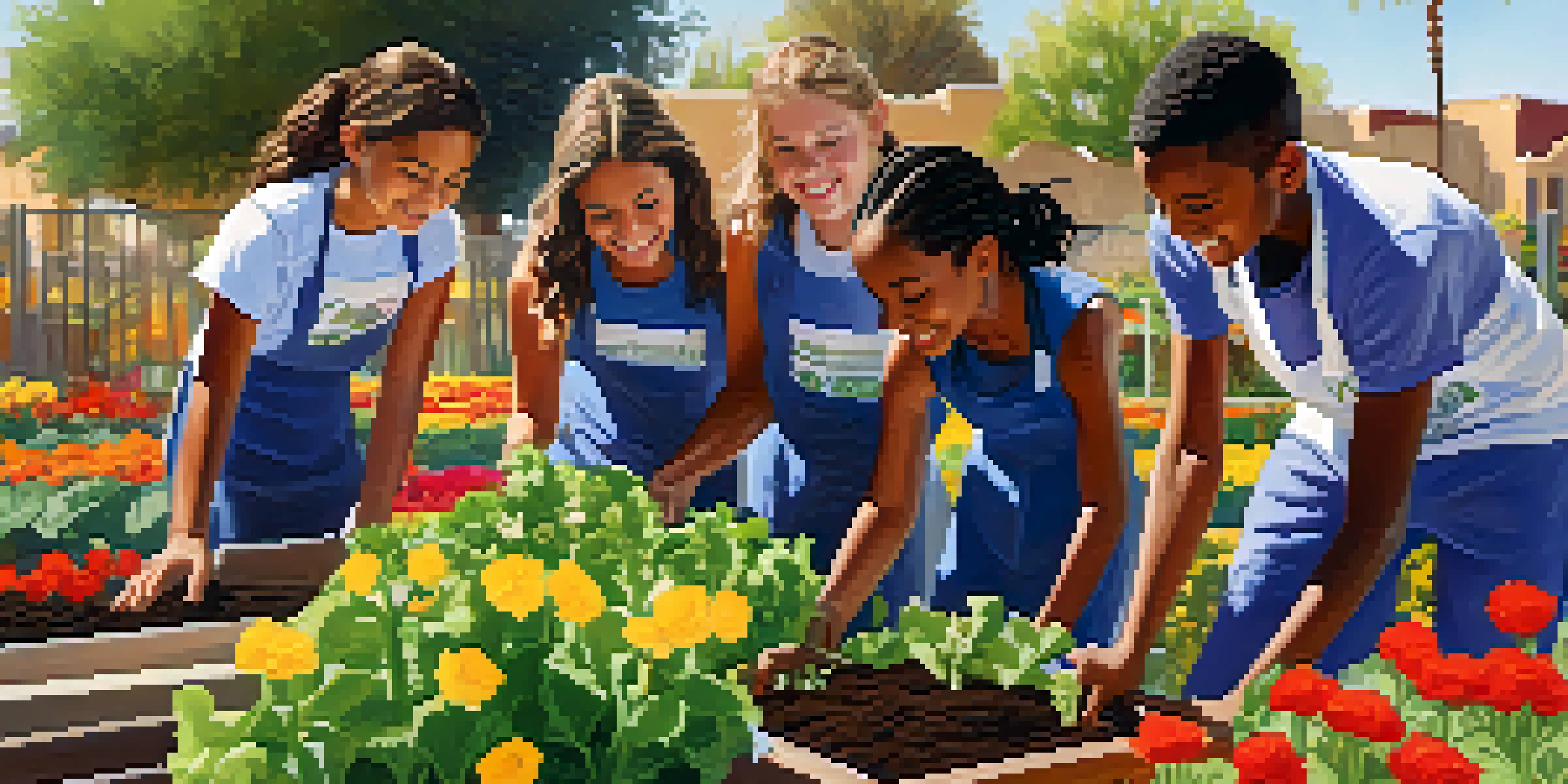 A group of diverse young people working together in a community garden, with flowers and vegetables around them, under a sunny sky.