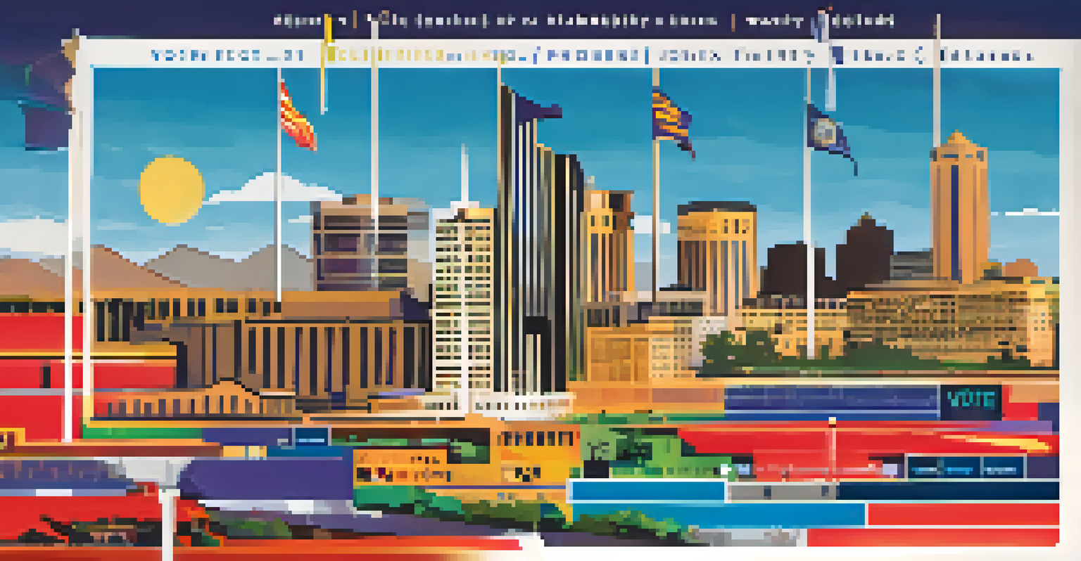 An informative poster displaying key voting dates and registration deadlines with icons for different voting methods against a Phoenix skyline backdrop.