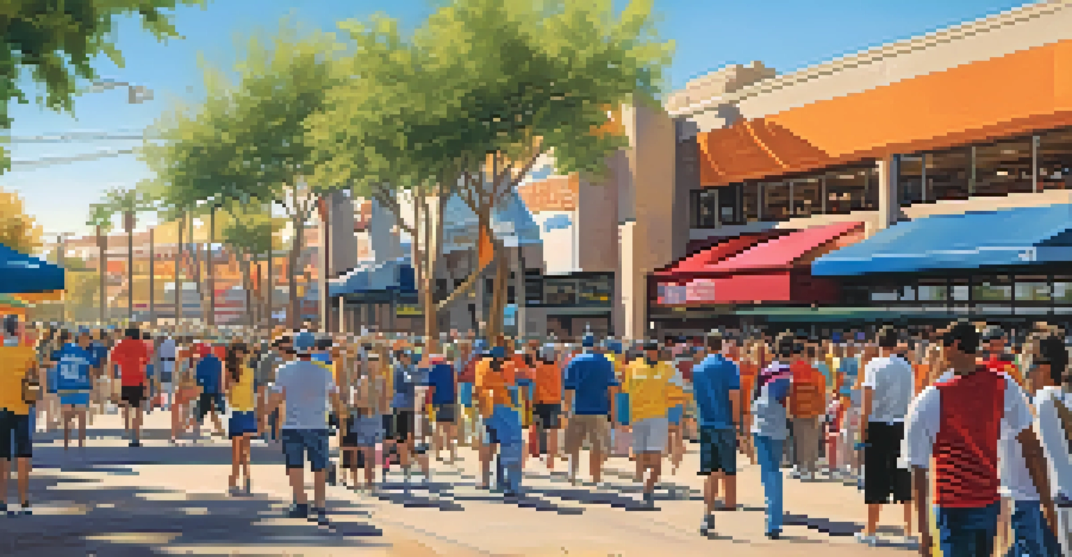 A lively street scene near a stadium on game day, featuring local vendors selling food and merchandise with fans enjoying the atmosphere.
