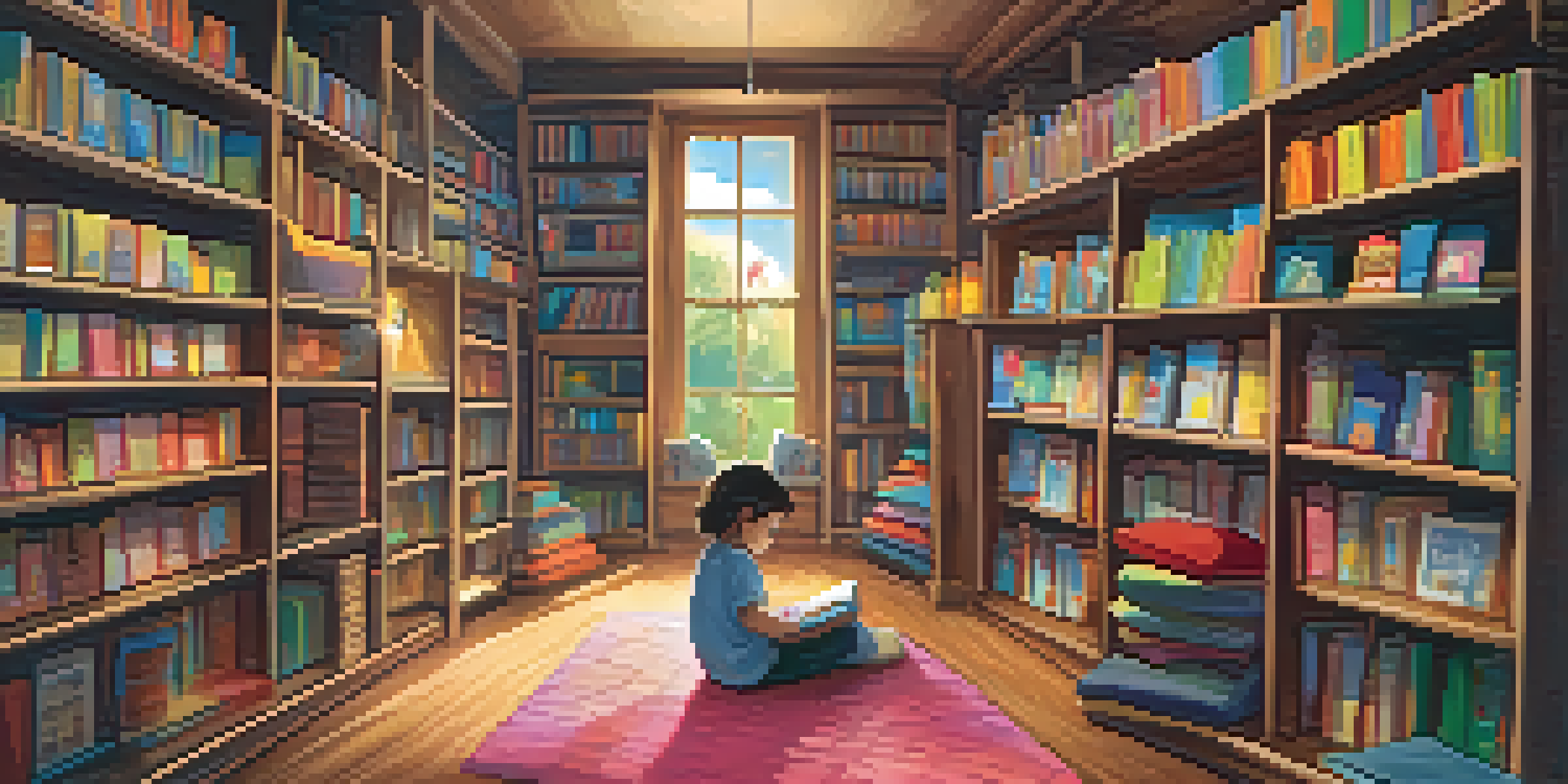 A cozy children's bookstore with wooden shelves filled with colorful books and a child reading in a nook.