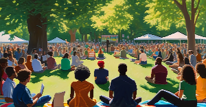 An outdoor poetry reading event in a park with poets on stage and an attentive audience on picnic blankets.