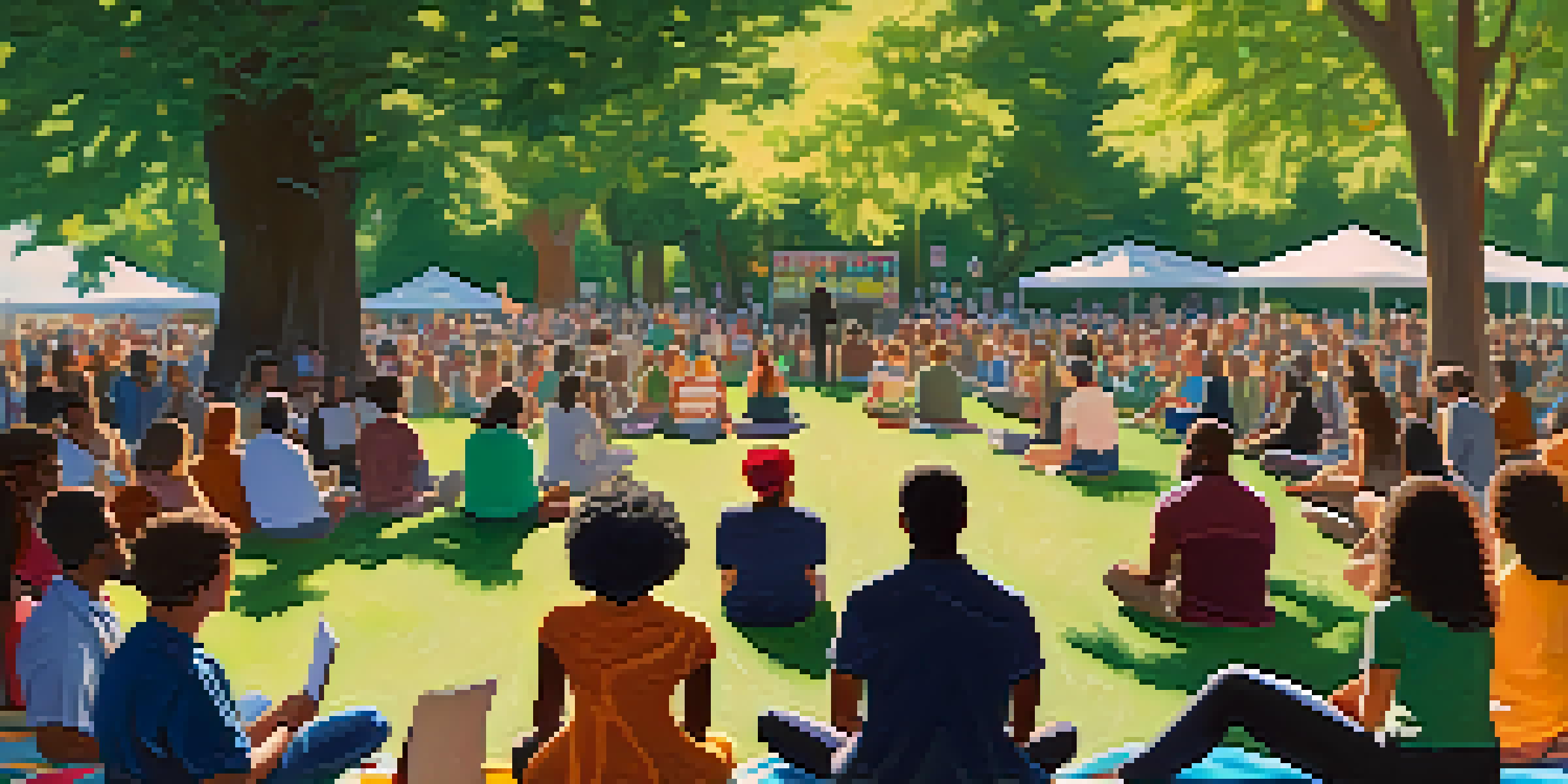 An outdoor poetry reading event in a park with poets on stage and an attentive audience on picnic blankets.