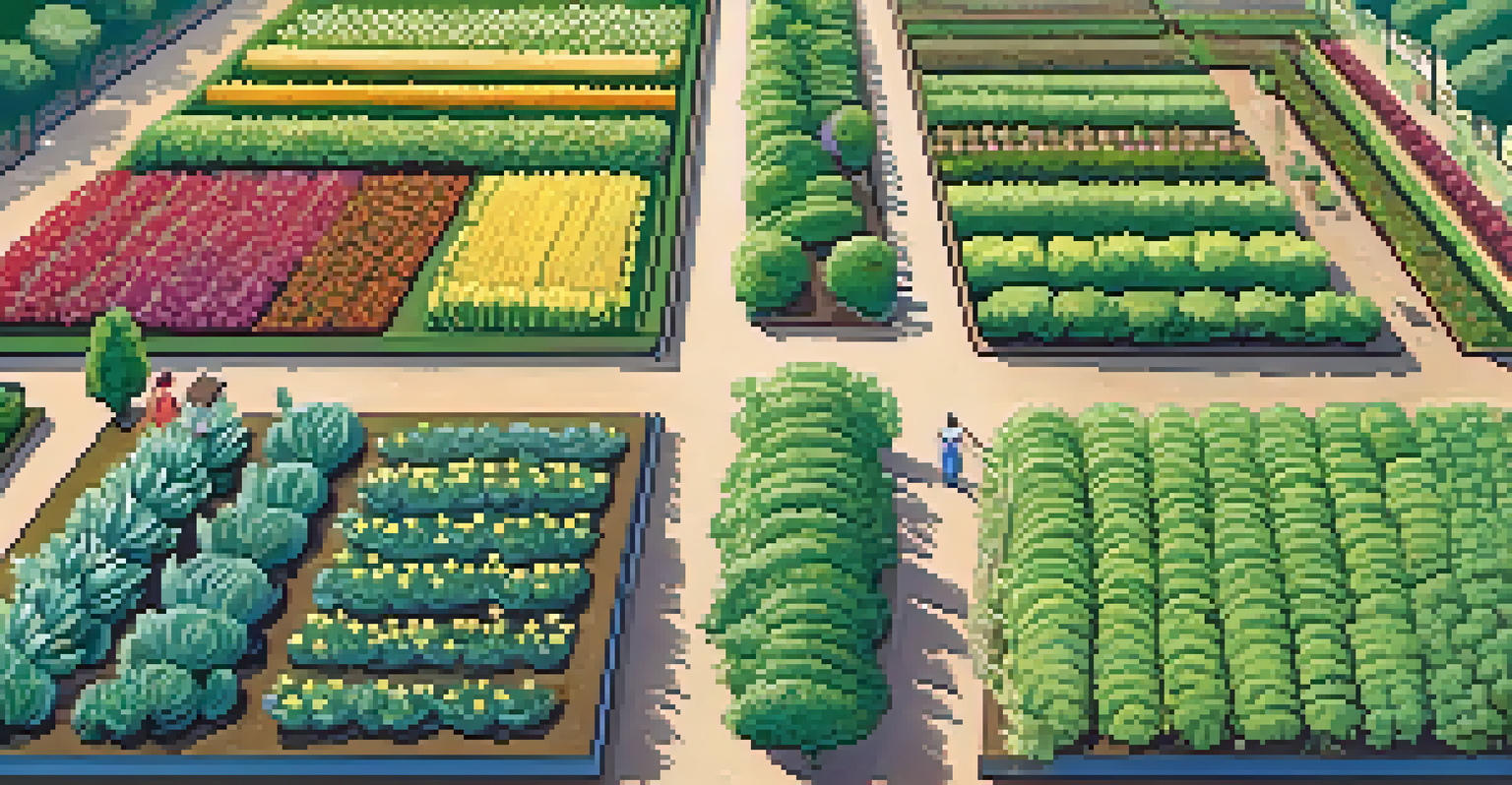 Overhead view of a diverse Phoenix garden demonstrating crop rotation with different types of plants in distinct rows, basking in bright sunlight.