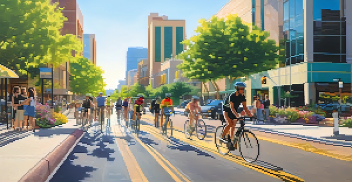 A busy bike lane in Phoenix with diverse cyclists riding under bright sunlight, surrounded by greenery and modern buildings.