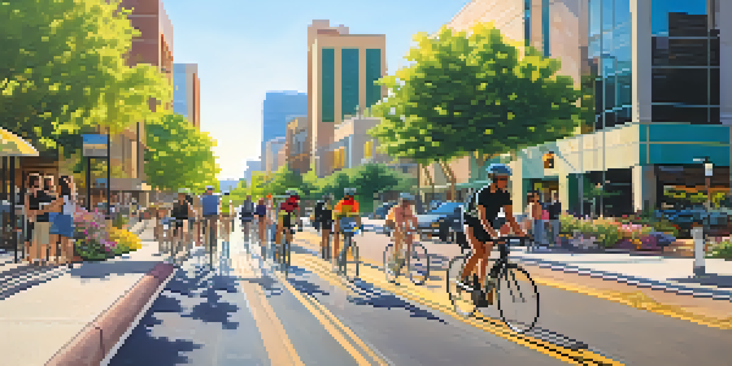 A busy bike lane in Phoenix with diverse cyclists riding under bright sunlight, surrounded by greenery and modern buildings.